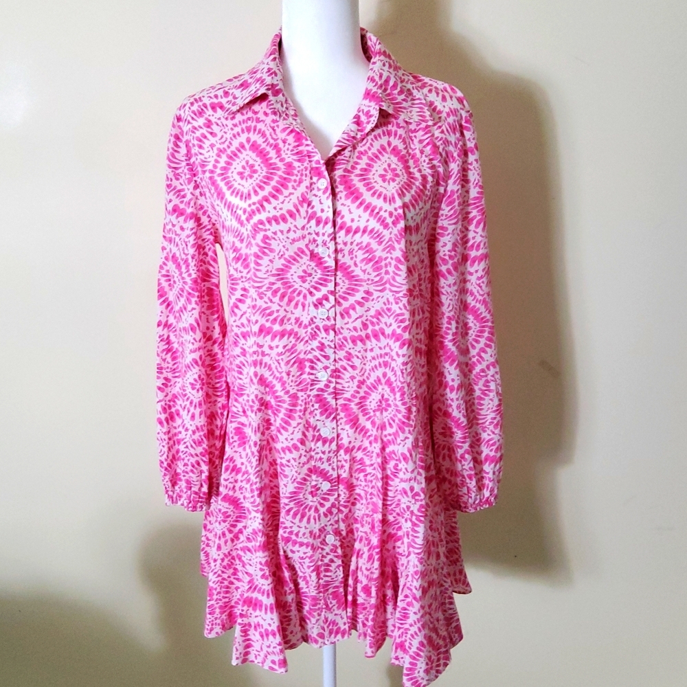 Zara Pink/White mini dress Collard button front long sleeves size L